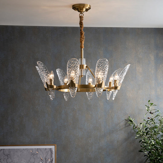 Minimal Arc Panel Chandelier Pendant Lamp With Clear Crystal Glass Brass Frame - 8/10-Bulb