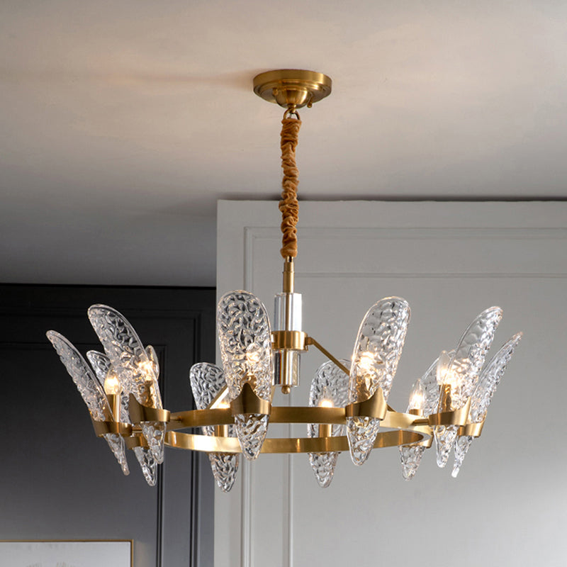 Minimal Arc Panel Chandelier Pendant Lamp With Clear Crystal Glass Brass Frame - 8/10-Bulb