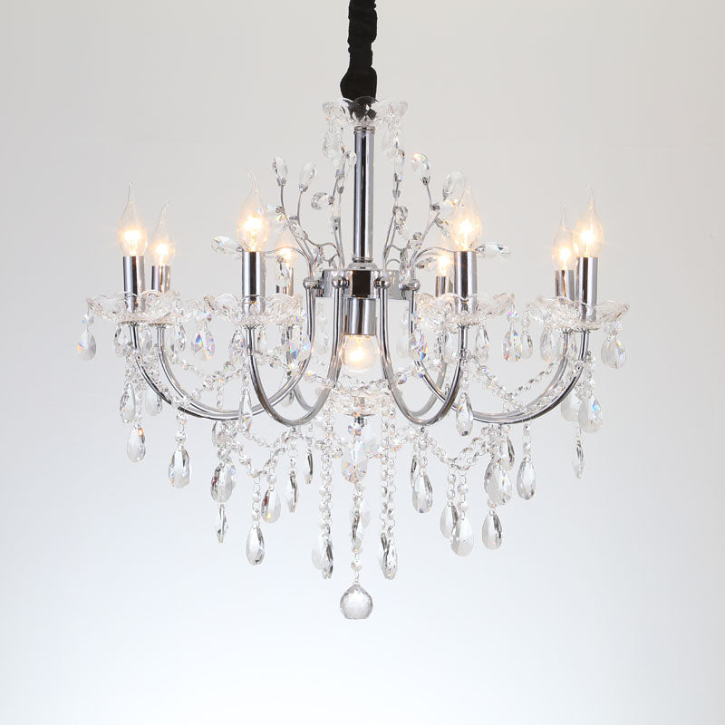 Minimalist Crystal Swag Chandelier: 9-Bulb Pendant Lamp In Chrome - Ideal For Living Room Lighting