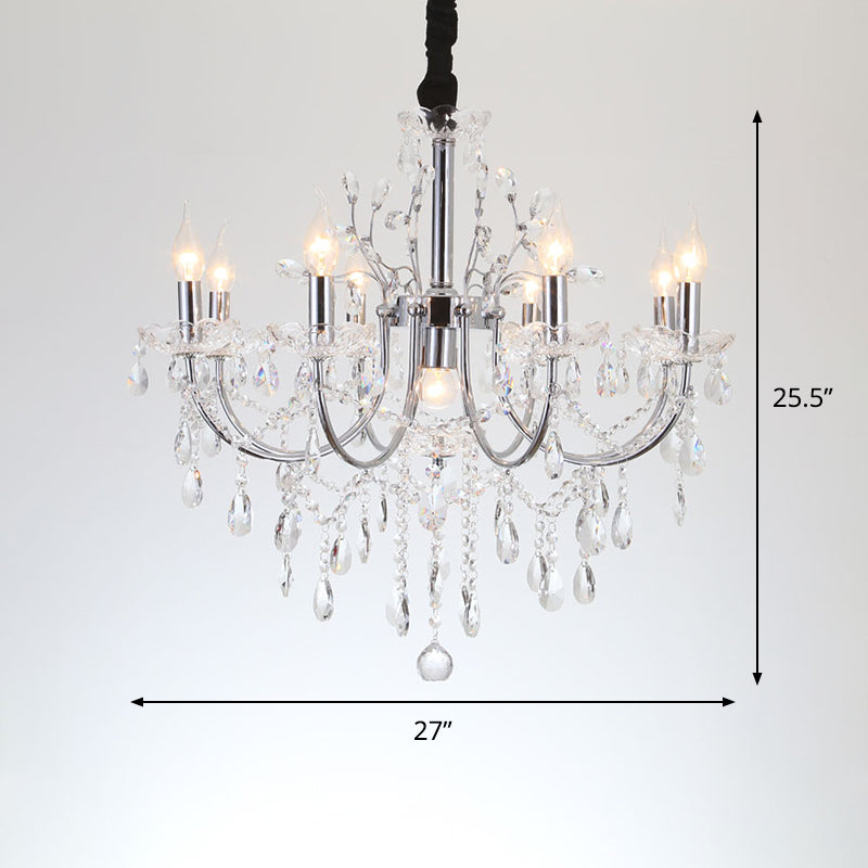 Minimalist Crystal Swag Chandelier: 9-Bulb Pendant Lamp In Chrome - Ideal For Living Room Lighting