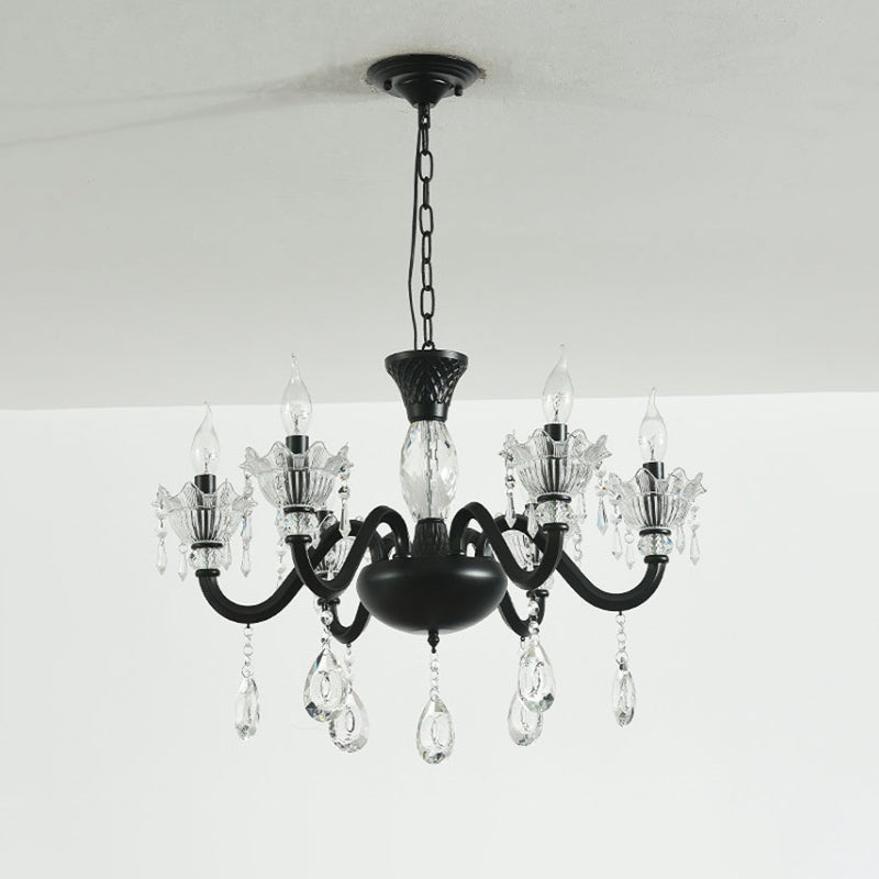 Modern Curved Arm Suspension Light - Black Metal Pendant Chandelier With Crystal Droplet (6/8-Light)