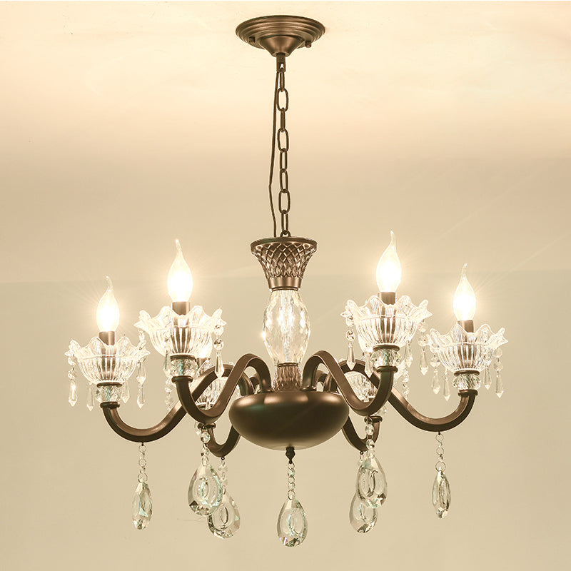 Modern Curved Arm Suspension Light - Black Metal Pendant Chandelier With Crystal Droplet (6/8-Light)