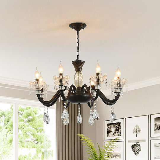 Modern Curved Arm Suspension Light - Black Metal Pendant Chandelier With Crystal Droplet (6/8-Light)