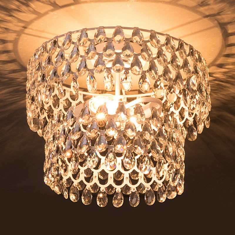 Contemporary Crystal Teardrop Ceiling Lamp with Tiered Design - White Semi Flush Light with 2 Heads