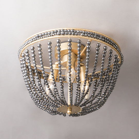 Gold Crystal Semi Flush Ceiling Light with Minimalist Basket Shade for Living Room - Set of 3 Bulbs