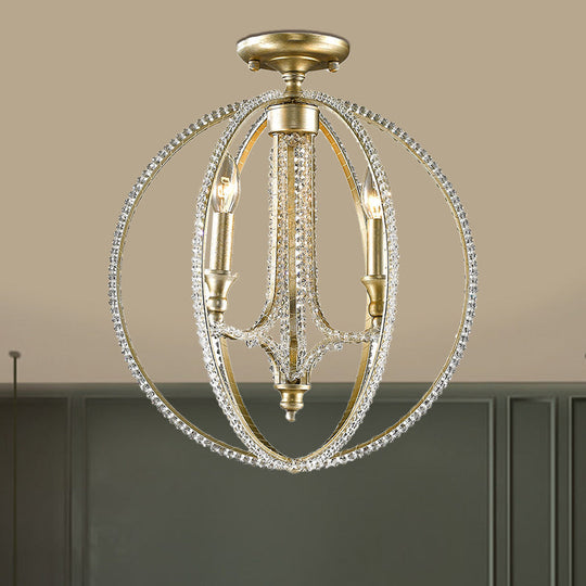 Gold Crystal Ceiling Light Fixture - Country Globe Cage Design with 3 Candle Lights