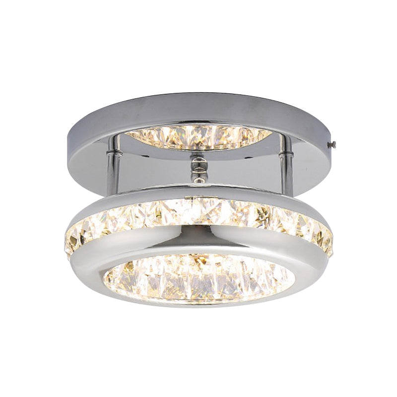 Polished Chrome Donut Ceiling Lamp with Simple Crystal, LED Flush Mount Fixture in Warm/White Light - Mini Size