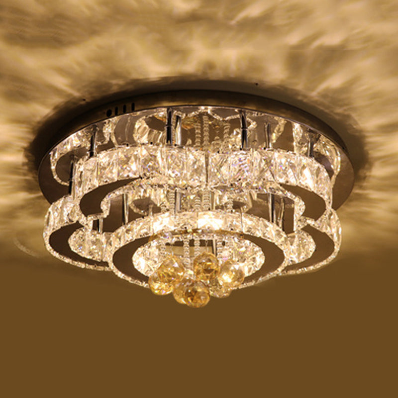 Modern 2-Tier LED Ceiling Flushmount in Crystal Chrome Square/Circle Design