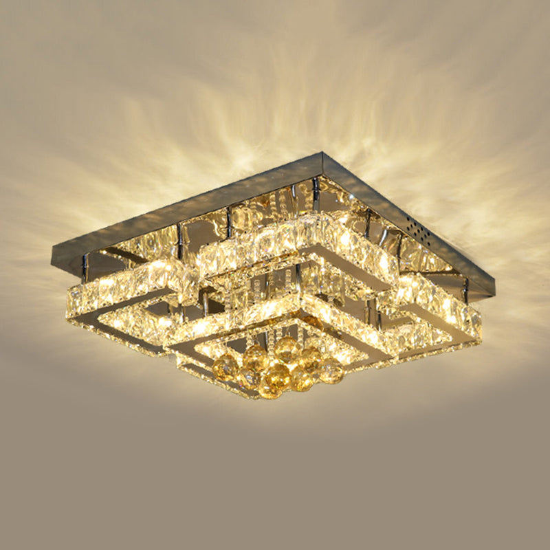 Modern 2-Tier LED Ceiling Flushmount in Crystal Chrome Square/Circle Design