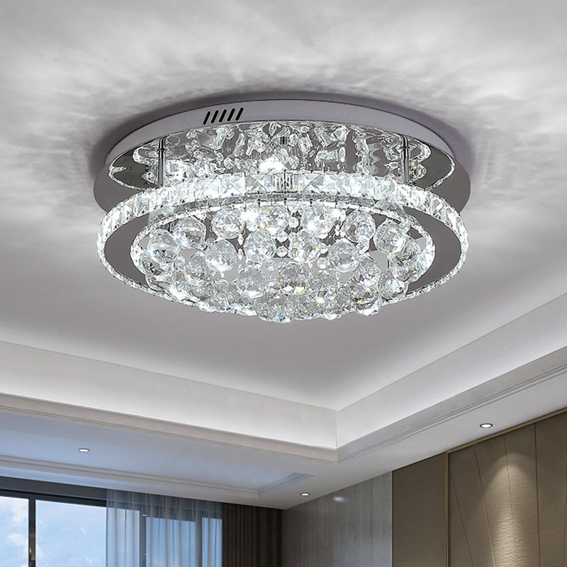 Modern Crystal Hotel LED Ceiling Light with Waterfall Orb Drop - Mirrored Chrome Drum Semi Flush Mount