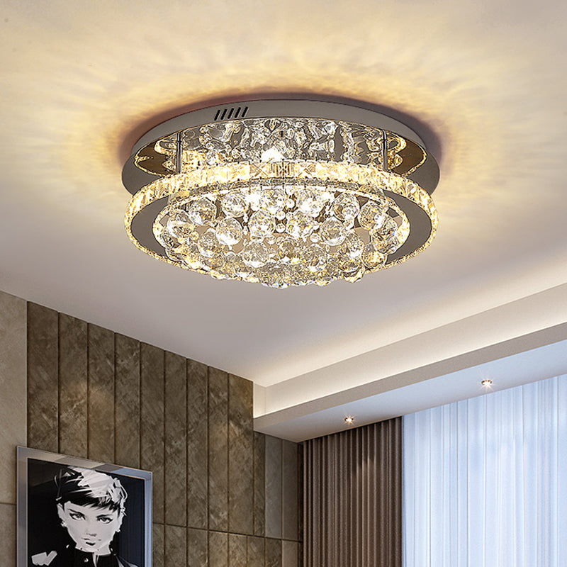 Modern Crystal Hotel LED Ceiling Light with Waterfall Orb Drop - Mirrored Chrome Drum Semi Flush Mount