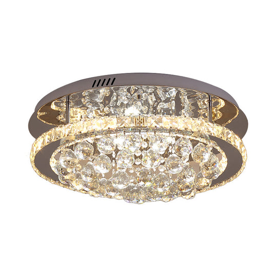 Modern Crystal Hotel LED Ceiling Light with Waterfall Orb Drop - Mirrored Chrome Drum Semi Flush Mount