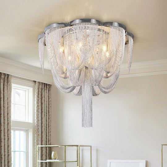 Modern Chrome Finish Flush Mount Ceiling Light | 5-Light Tassel Chain Chandelier