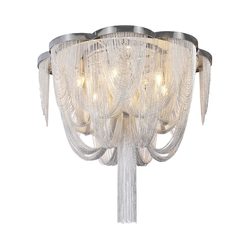 Modern Chrome Finish Flush Mount Ceiling Light | 5-Light Tassel Chain Chandelier