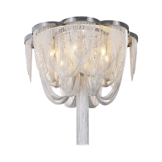 Modern Chrome Finish Flush Mount Ceiling Light | 5-Light Tassel Chain Chandelier