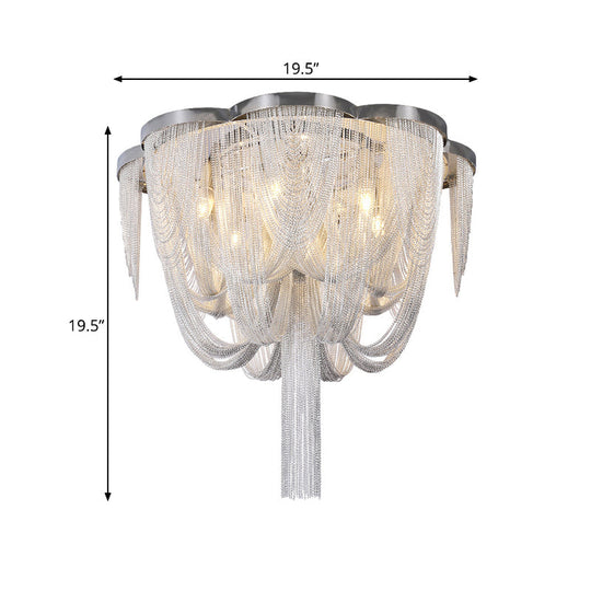 Modern Chrome Finish Flush Mount Ceiling Light | 5-Light Tassel Chain Chandelier