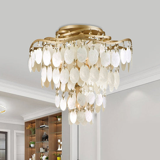 Shell Coastal Chandelier: 4-Bulb Semi-Flush Fixture with Brass Finish