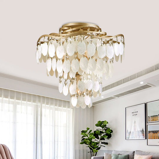 Shell Coastal Chandelier: 4-Bulb Semi-Flush Fixture with Brass Finish