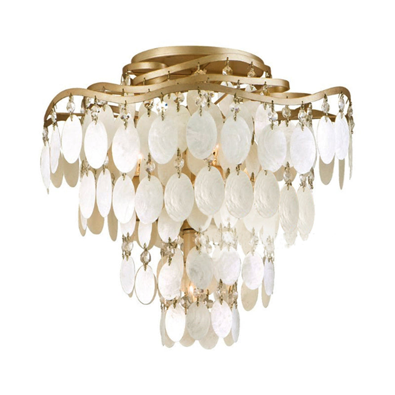 Shell Coastal Chandelier: 4-Bulb Semi-Flush Fixture with Brass Finish