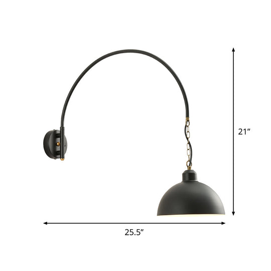 Black Dome Wall Sconce With Curved Arm Mount And Metallic Finish Bulb