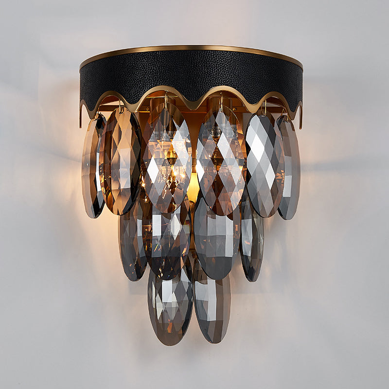 Modern 3-Layer Black Wall Mount Lighting: Beveled K9 Crystal Sconce With 2 Lights For Bedside