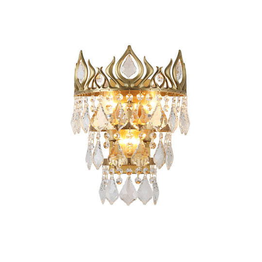 Contemporary Brass Crystal Drip Wall Lamp - Crown Shape Sconce Light Fixture (3 Bulbs)