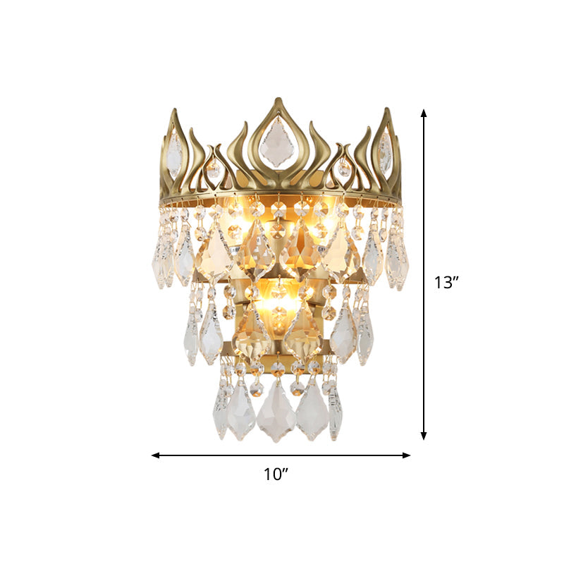 Contemporary Brass Crystal Drip Wall Lamp - Crown Shape Sconce Light Fixture (3 Bulbs)