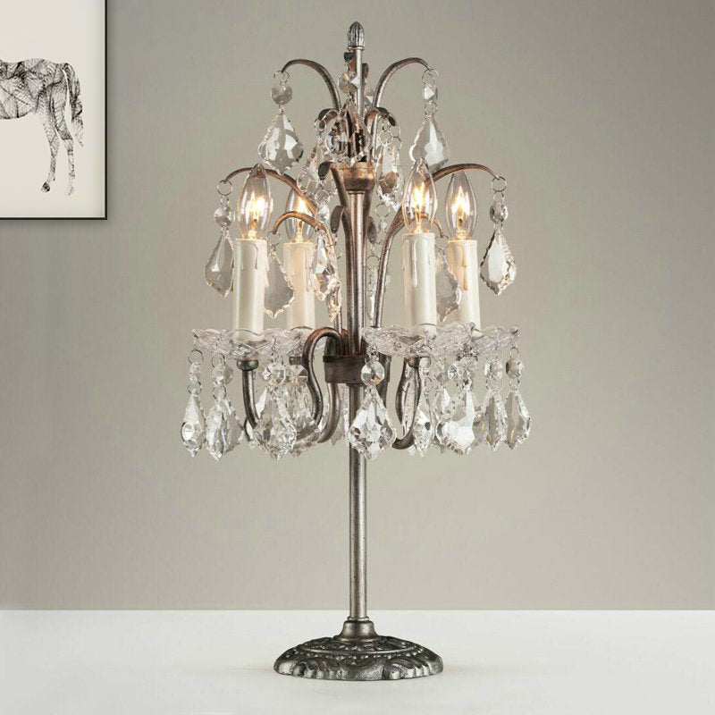 Classic Candelabra Table Lamp With 4 Crystal Drip Heads In White/Black - Perfect For Bedside