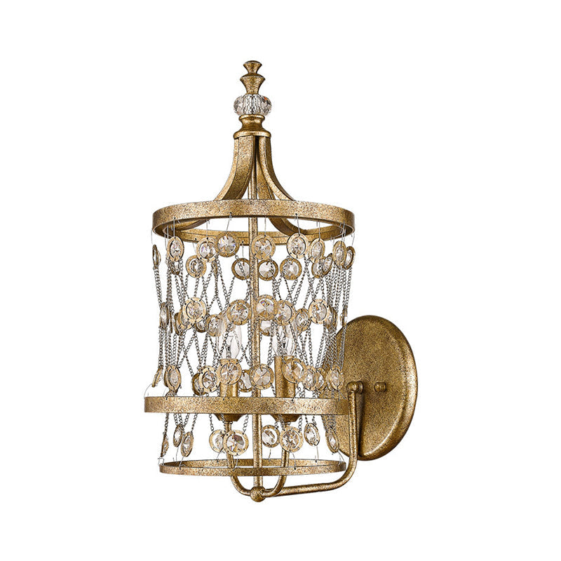 Modern Gold Crystal Candelabra Wall Sconce With Cylinder Cage And 2 Lights