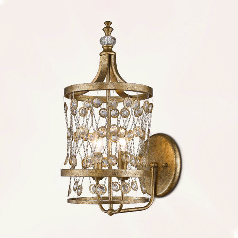 Modern Gold Crystal Candelabra Wall Sconce With Cylinder Cage And 2 Lights