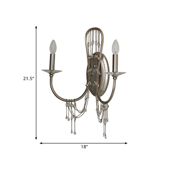 Contemporary Metallic Candelabra Wall Light Sconce - 2-Light Crystal Bedroom Lighting Nickel Finish