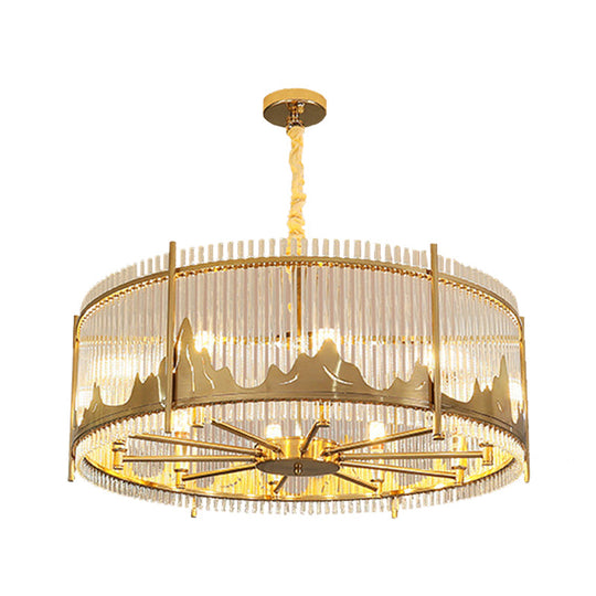 Modernist Strip Crystal Gold Drum Ceiling Chandelier - 8-Light Pendant With Mountain Pattern