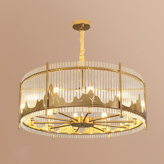 Modernist Strip Crystal Gold Drum Ceiling Chandelier - 8-Light Pendant With Mountain Pattern