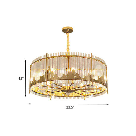 Modernist Strip Crystal Gold Drum Ceiling Chandelier - 8-Light Pendant With Mountain Pattern