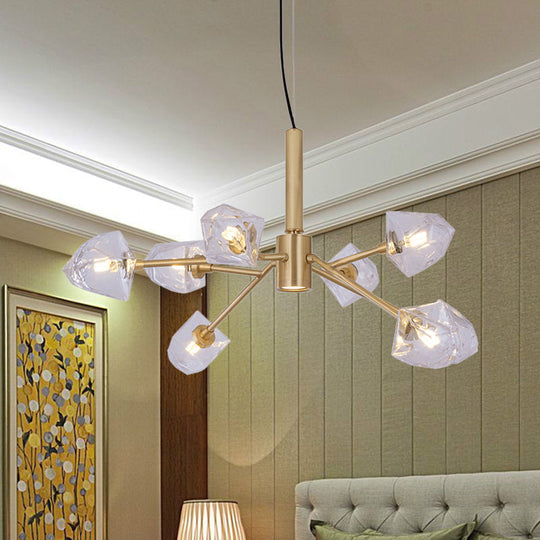 Lustre postmoderne en laiton avec 8 lampes suspendues en cristal et pierres précieuses