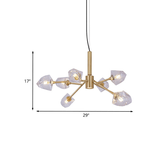 Lustre postmoderne en laiton avec 8 lampes suspendues en cristal et pierres précieuses