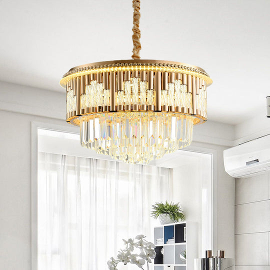 Gold Led Crystal Rod Pendant Chandelier - Modern Layered Style For Bedroom Lighting