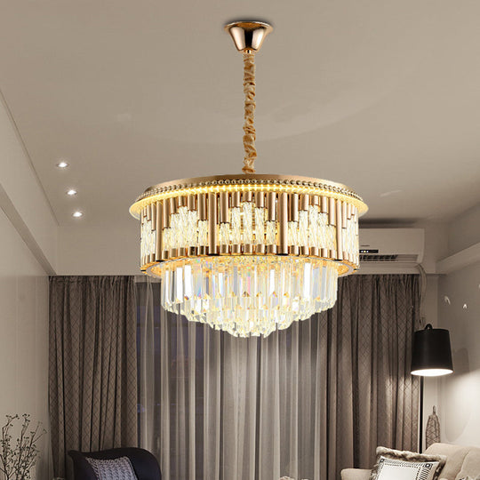 Gold Led Crystal Rod Pendant Chandelier - Modern Layered Style For Bedroom Lighting