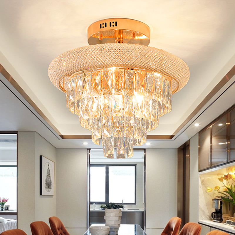 Semi Mount 9-Light Traditional Crystal Ceiling Flush Fixture in Gold