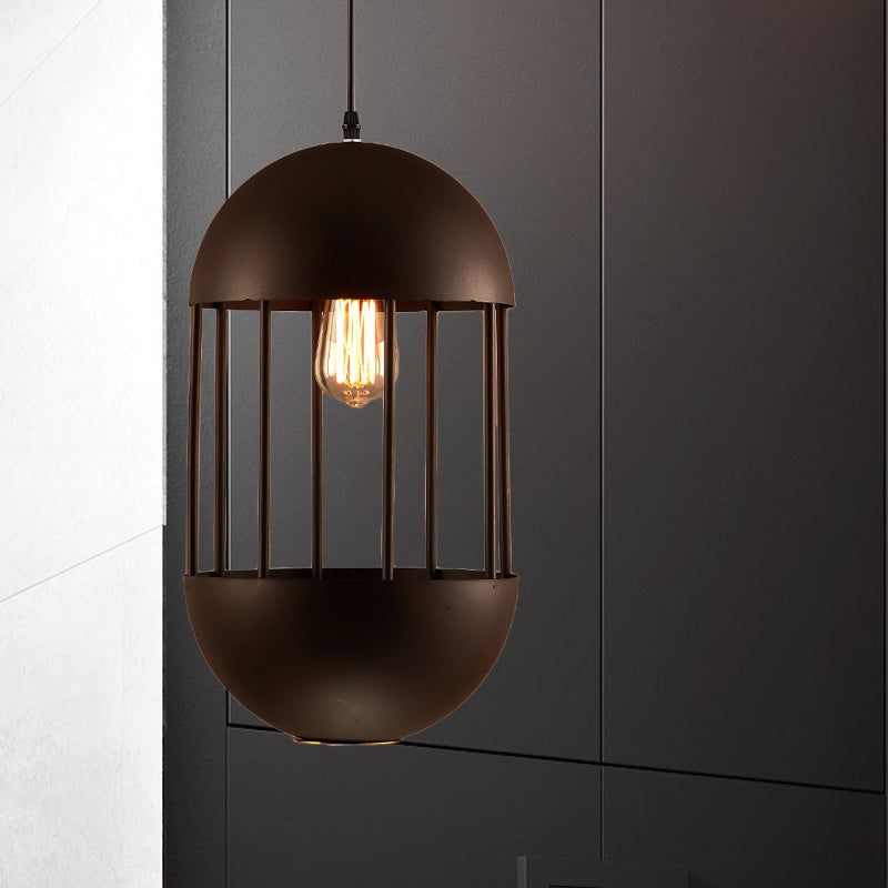 Industrial Metal Black Oval Cage Pendant Lamp With Hanging Light Kit - Ideal For Dining Room And 1