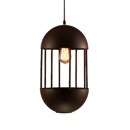 Black Oval Cage Pendant Lamp - Industrial Metal Dining Room Light Kit with 1 Bulb