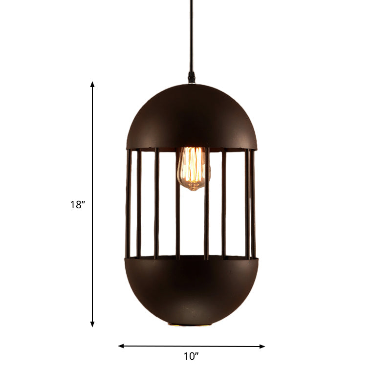 Black Oval Cage Pendant Lamp - Industrial Metal Dining Room Light Kit with 1 Bulb