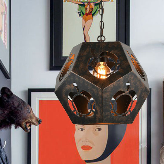 Iron Bronze Ceiling Pendant with Hollowed Out Faceted Sphere - Factory Suspended Lighting Fixture