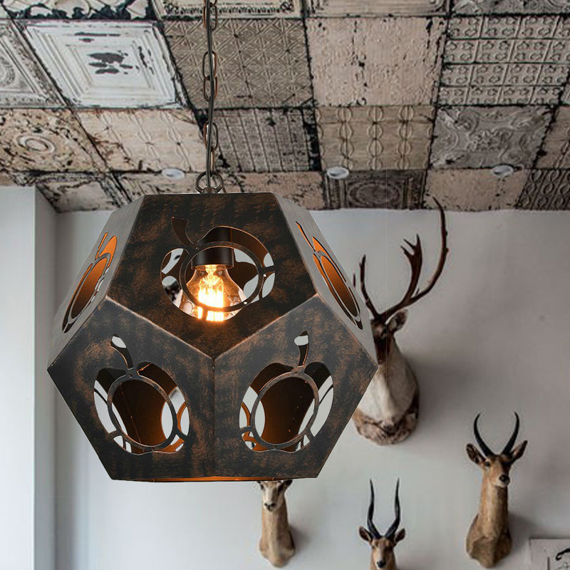 Iron Bronze Ceiling Pendant with Hollowed Out Faceted Sphere - Factory Suspended Lighting Fixture