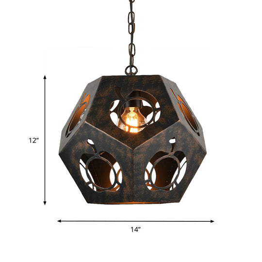 Iron Bronze Ceiling Pendant with Hollowed Out Faceted Sphere - Factory Suspended Lighting Fixture