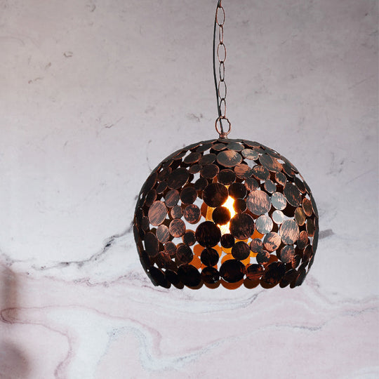 Modern Iron Hanging Pendant Lamp in Red Brown/White - Hollowed Out Dome Design