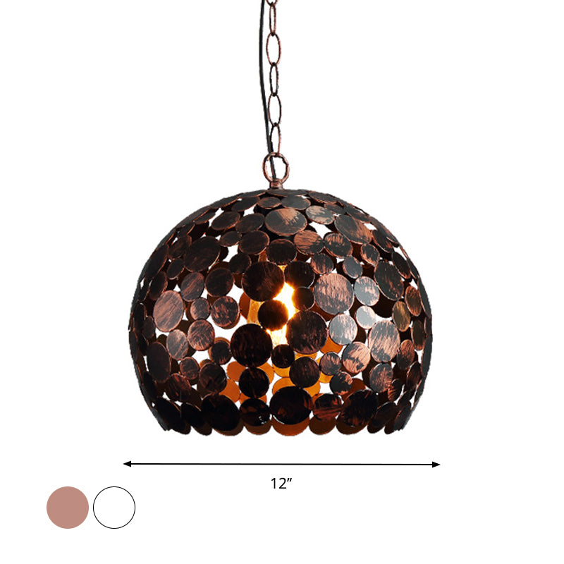 Modern Iron Hanging Pendant Lamp in Red Brown/White - Hollowed Out Dome Design