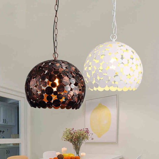 Modern Iron Hanging Pendant Lamp in Red Brown/White - Hollowed Out Dome Design