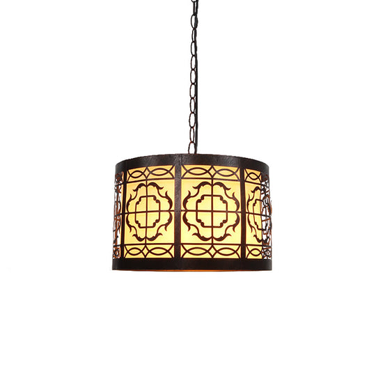 Antiqued Bronze 1-Light Drum-Shaped Pendant Ceiling Light with Rustic Metal Cutouts and Rose/Scrollwork Design