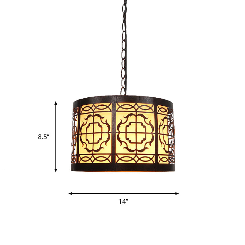 Antiqued Bronze 1-Light Drum-Shaped Pendant Ceiling Light with Rustic Metal Cutouts and Rose/Scrollwork Design